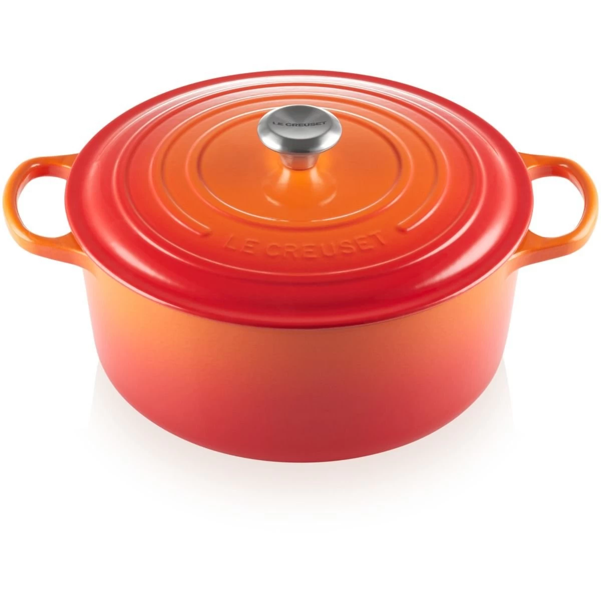 Le Creuset 7.25 Qt. Round Signature Dutch Oven With Stainless Steel Knob | Flame Orange 1 Le Creuset 7.25 Qt. Round Signature Dutch Oven With Stainless Steel Knob | Flame Orange