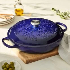 Le Creuset Olive Branch Collection 3.5 Qt. Signature Braiser | Indigo Blue -Cooking Master rs16892 220511 lecreuset olivebranchbraiser sqret