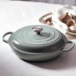 Le Creuset 3.5 Qt. Signature Enameled Cast Iron Braiser With Stainless Steel Knob | Sea Salt -Cooking Master rs9177 spring 2019 meringueseasalt 0173 lpr
