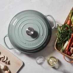 Le Creuset 3.5 Qt. Signature Enameled Cast Iron Braiser With Stainless Steel Knob | Sea Salt -Cooking Master rs9191 spring 2019 seasaltbraiserhuman 0732 lpr